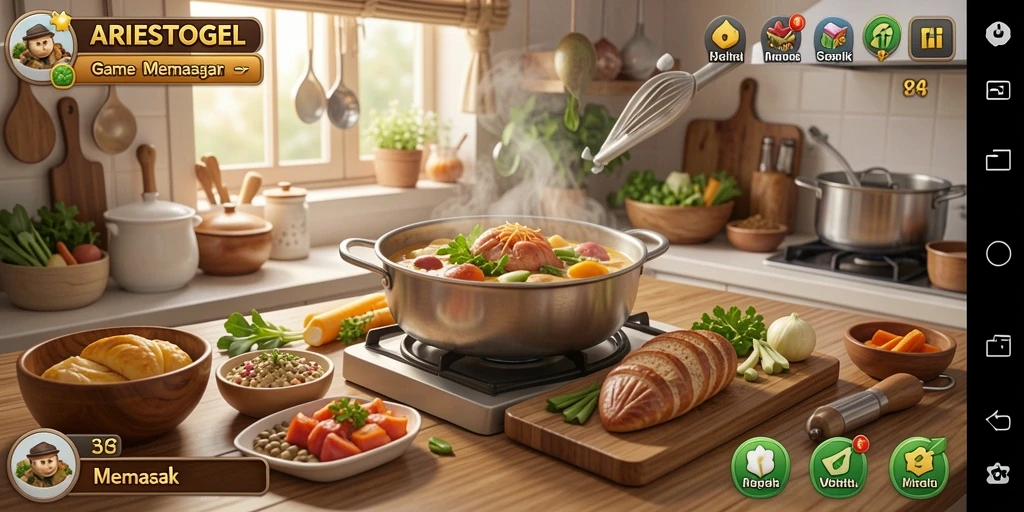 Screenshot antarmuka ARIESTOGEL menampilkan gameplay memasak yang menarik.