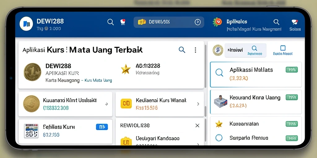 Screenshot aplikasi DEWI288 menampilkan antarmuka Kurs Mata Uang yang informatif.