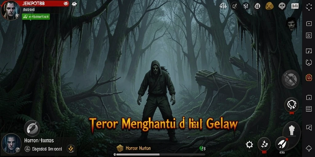Tampilan antarmuka menakutkan dari JEKPOT88 yang menggambarkan suasana hutan horor.