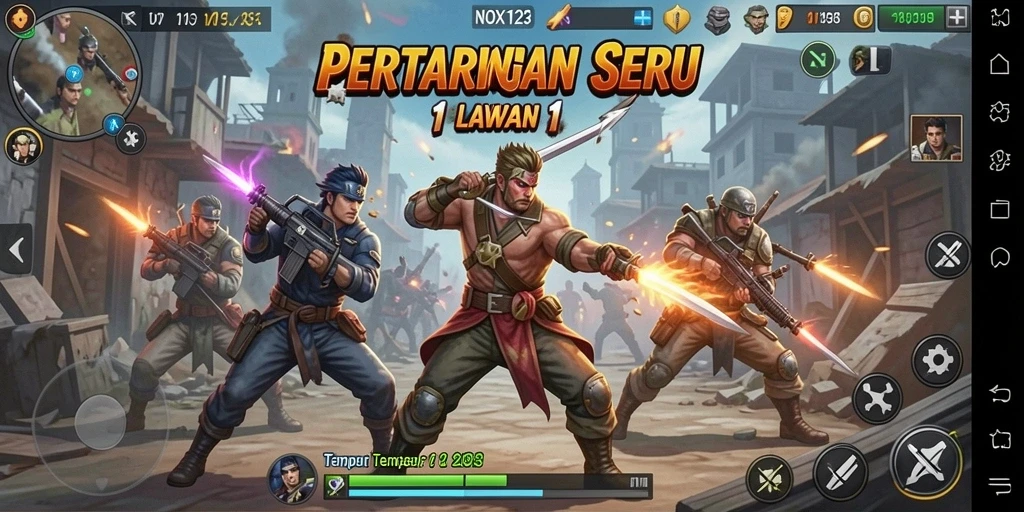 Tampilan antarmuka seru untuk pertarungan Tempur 1 Lawan 1.