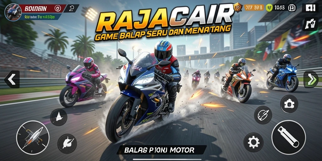 Tampilan antarmuka permainan balap motor RAJACAIR yang menarik.